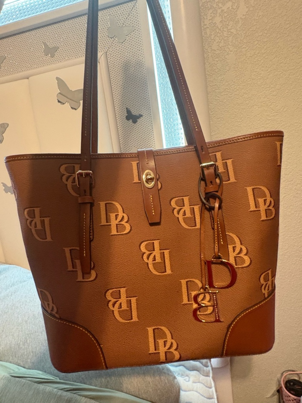 Dooney & Bourke Brown DB-Logo Shoulder Tote with Charm
